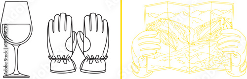 Vector line art set featuring a wine glass and ski gloves next to a yellow illustration of gloved hands holding an open mountain map. Clean, minimalist winter navigation and leisure theme.