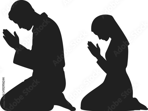 Silhouette of Muslim man and woman praying together on knees with hands clasped in devotion Islam