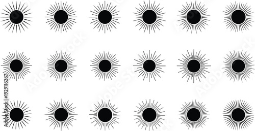 Sun silhouette icon set abstract sunburst rays symbols isolated on white black vector decorative collection