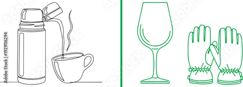 Vector line art set featuring a thermos pouring a hot drink into a cup and green outlines of a wine glass and ski gloves. Minimalist design capturing winter hydration and gear essentials.