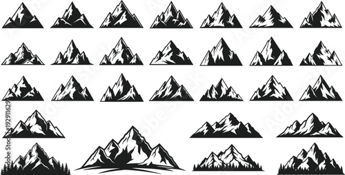 Mountain silhouette icon set alpine peaks landscape adventure nature symbols black vector illustration isolated on white