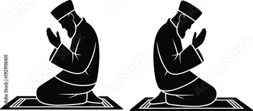 Two black silhouette figures of Muslim men praying on prayer mats in a side profile view