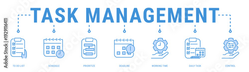 Task Management web banner icon vector illustration with To Do List, Schedule, Prioritize, Deadline, Working Time and Daily Task