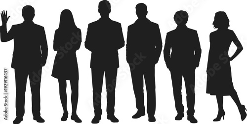 Business team silhouettes collection, corporate men and women standing together in formal attire vector illustration