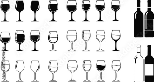 Wine glass and bottle icon set alcohol drink silhouettes outline goblets bar restaurant black vector illustration isolated