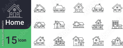 Collection of fifteen simple house icons in a linear style