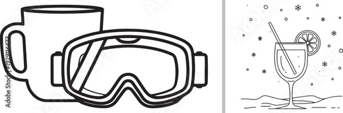 Black and white line art featuring protective snow goggles next to a mug, paired with an illustration of a chilled cocktail garnished with lemon sitting in the snow.