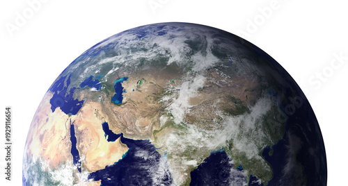 Earth globe isolated on transparent background. Satellite view showing Middle East, India, Africa and Indian Ocean with cloud cover. Elements of this image furnished by NASA.