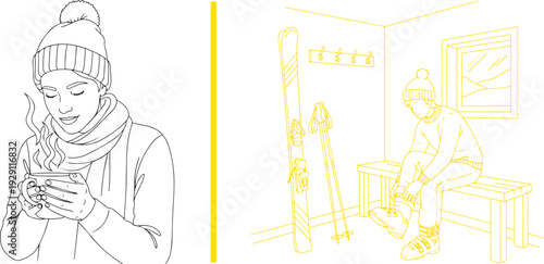 Minimalist line art of a woman in winter attire enjoying a steaming mug, alongside a yellow vector illustration of a skier in a locker room putting on boots. Cozy, preparation-focused winter scene.