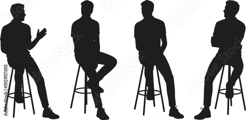 Man sitting on stool silhouettes set, male person in different seated poses vector illustration
