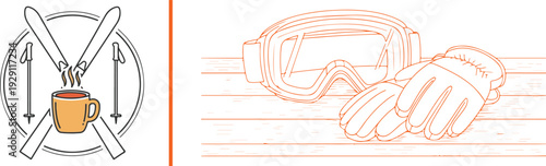 Skiing illustration set featuring an orange circular emblem with crossed skis and a steaming mug, alongside line art of snow goggles and gloves on a wooden surface. Warm aprés-ski aesthetic.