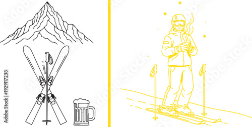 Yellow and black line art featuring a mountain peak above crossed skis and a beer mug, paired with an illustration of a skier in gear holding a steaming drink in the snow.