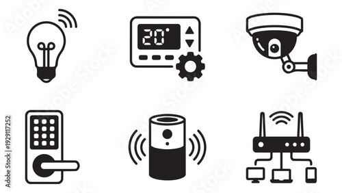Smart Home System Icons: Wi-Fi Light, Thermostat with Settings, Security Camera, Keypad Lock, Smart Speaker, and Router with Home Icon. Flat Vector.