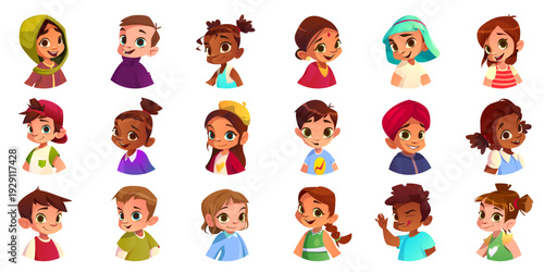 Kid avatar icon set of cartoon diverse faces with happy expressions. Cute multiracial child portraits for boy and girl characters. Cheerful toddler head illustrations with unique hairstyles.