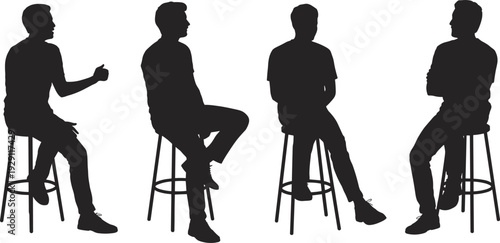 Man sitting on stool silhouettes collection, male poses in different positions vector illustration set