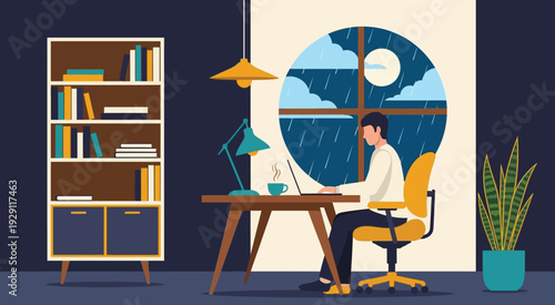 Man Working on Laptop at Desk During Rainy Night with Coffee and Bookshelf