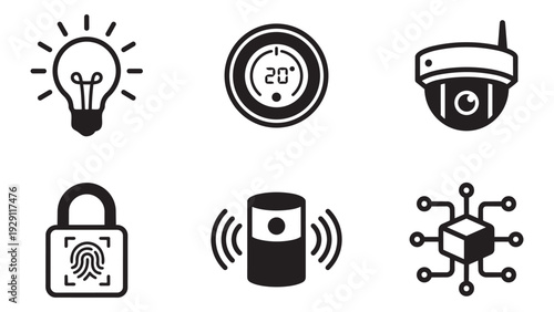 Smart Home Automation Icons: Security Camera, Thermostat, Fingerprint Lock, Speaker, Light Bulb, and Network Hub. Flat Vector Set.