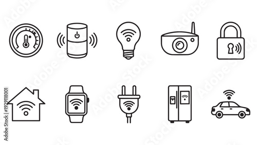 Extensive array of smart home and IoT outline icons, symbolizing intelligent automation, security, and connectivity in contemporary living.
