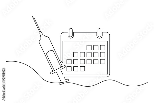 Syringe with calendar continuous one line drawing minimalist vaccination schedule icon