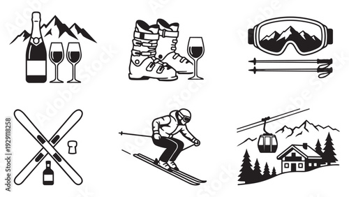Collection of winter sports and skiing themed icons in outline and solid styles, featuring equipment, activities, and apres-ski elements.