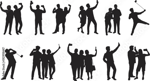 People taking selfies silhouettes collection, friends using smartphones and selfie sticks vector illustration set