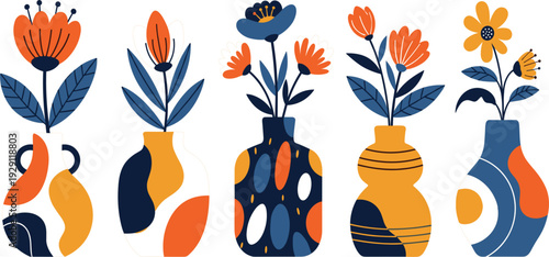 PrintAbstract Floral Vase Collection with Modern Boho Flowers and Decorative Pots in Scandinavian Style for Home Decor Wall Art Vector Illustration