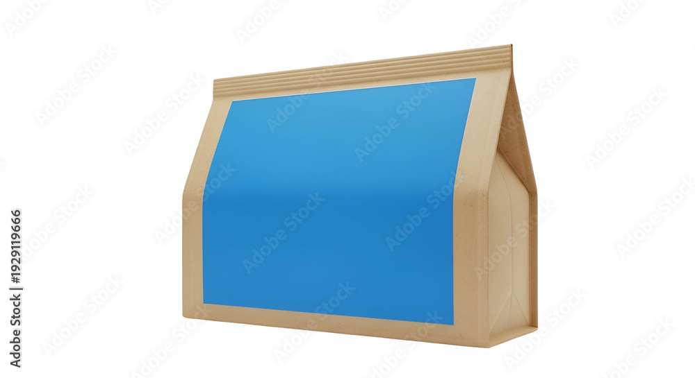 Fototapeta premium Isometric View of a Brown Paper Bag with Blue Label on Black Background Isolated for Advertisement