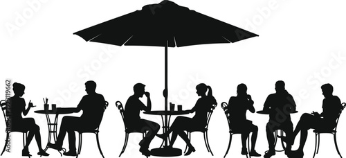 Cafe terrace silhouettes, people sitting at outdoor restaurant tables under umbrella vector illustration isolated on white background