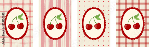 Four vintage-style cherry vector prints. Retro aesthetics with stripes, polka dots, checkered squares, and gingham backgrounds in rich red and soft green tones. Cottagecore farmhouse decor