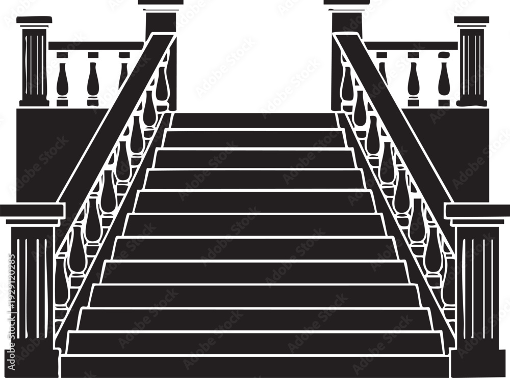 Fototapeta premium Black silhouette of a grand staircase with ornate balusters and columns