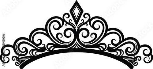 Elegant tiara crown ornament silhouette, royal decorative vintage design, luxury princess headpiece isolated on white background