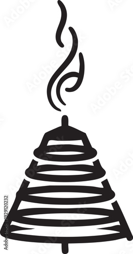 Black silhouette of a spiral incense burner with smoke on a white background