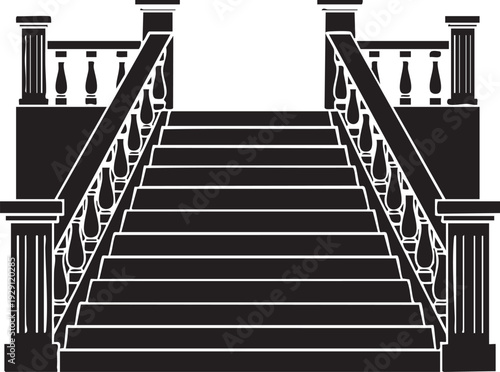Black silhouette of a grand staircase with ornate balusters and columns
