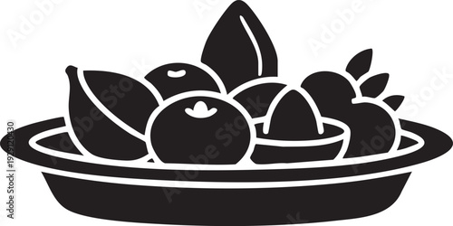 Fresh fruits in a decorative bowl, healthy food icon silhouette.
