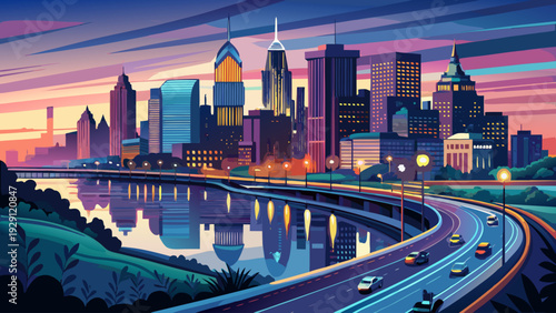 Very beautiful dusk panorama of Philadelphia skyline with Schuylkill Expressway traffic lights streaming beside the river, creating dynamic motion contrast against calm evening waters and glowing skys