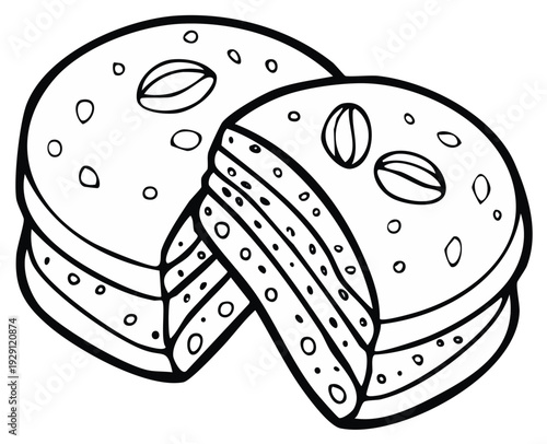 Two decorated cakes with cut slice, coffee bean toppings