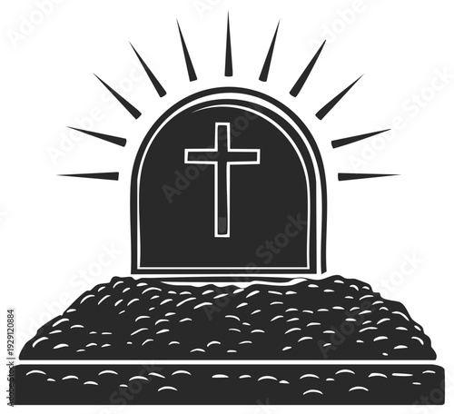Gravestone with cross on a small hill with rays of light shining from the top for various spiritual uses