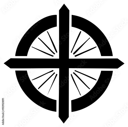 Abstract circular cross symbol with spokes suggesting a wheel or compass radial design