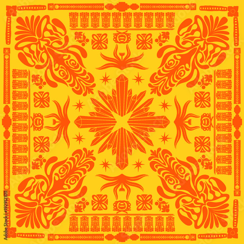 Monochrome folk art scarf pattern with a mystical diamond, sigils, and ornament, framed by intricate floral designs, ideal for decorative textile prints