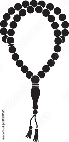 A strand of prayer beads or rosary icon in black and white, symbolizing faith and meditation.