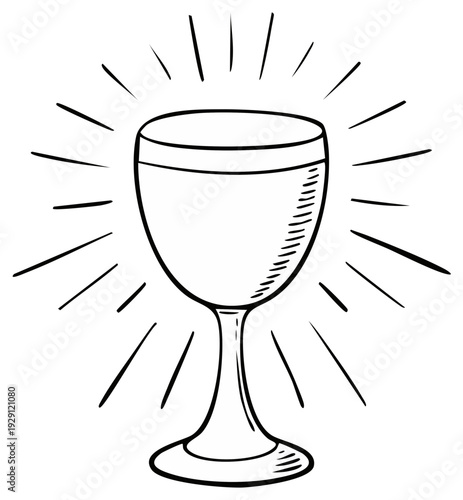 Hand drawn sketch of a glowing chalice or Holy Grail. Black and white line art illustration of a sacred cup icon.