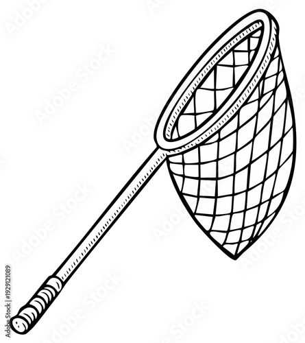 A simple black and white line art illustration of a butterfly net or scoop net