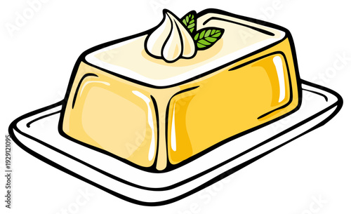 Cartoon style dessert on plate with cream and mint leaf garnish. Vector illustration.