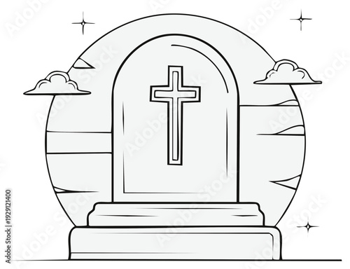 Stylized tombstone line drawing with cross symbol in an ethereal moonlit sky design illustration for a remembrance theme