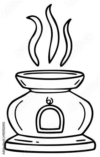 Cartoon line drawing of essential oil diffuser with rising vapor, aromatherapy concept