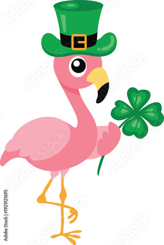 Adorable Pink Flamingo Wearing Lucky Leprechaun Hat