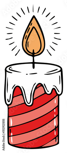 A lit red candle with dripping wax and radiating light glows warm orange