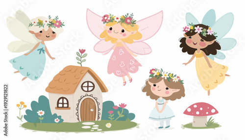 Whimsical fairies in magical garden with tiny house