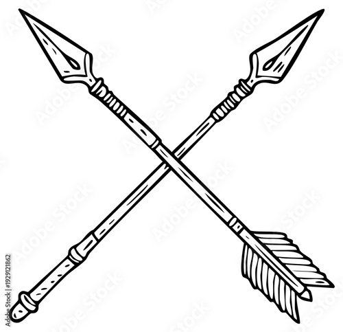 Hand drawn crossed spear and arrow ancient weapons illustration