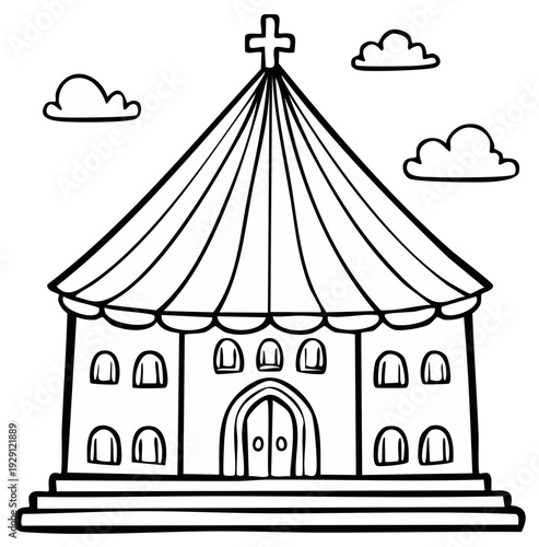 Simple Cartoon Church Building with Cross and Clouds Outline for Coloring Books